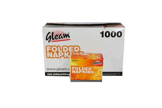 GLEAM FOLDED WHITE NAPKINS 400X400MM 1000 UNITS